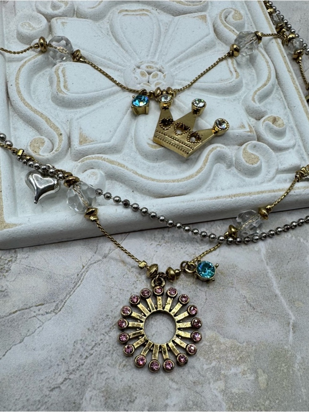 Betsey Johnson Layered  Gold Tone Necklace with Crystal accents